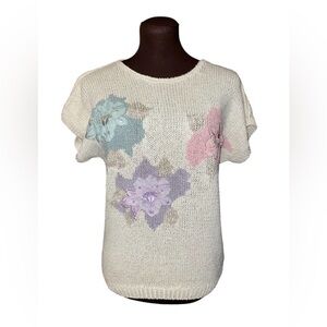 NWT Vintage KORET Silk Pastel Floral Appliqué Sleeveless Knit Banded Sweater